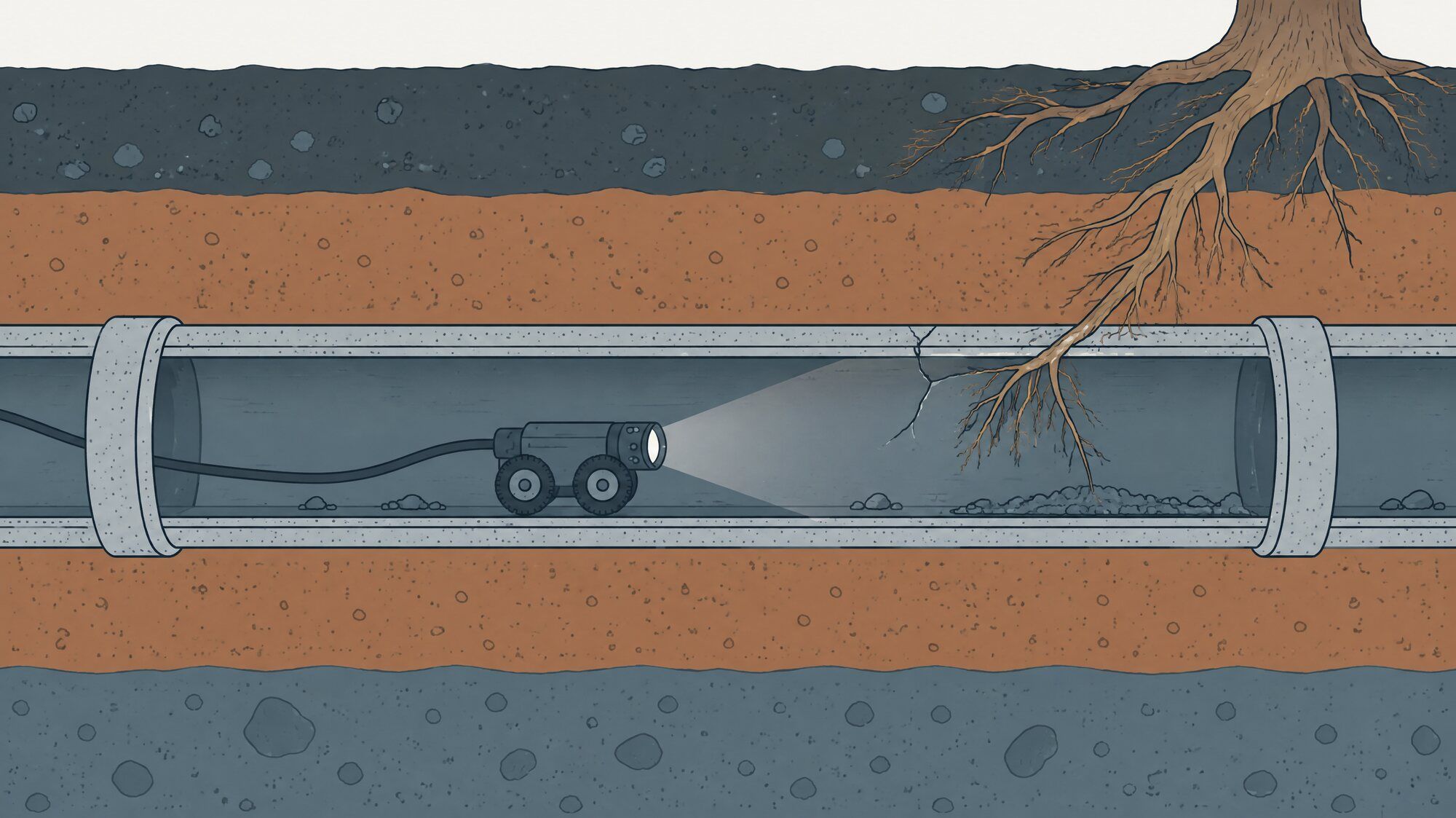 Illustration of a camera on a cable travelling inside a buried sewer pipe, with a crack and root intrusion in the pipe wall.