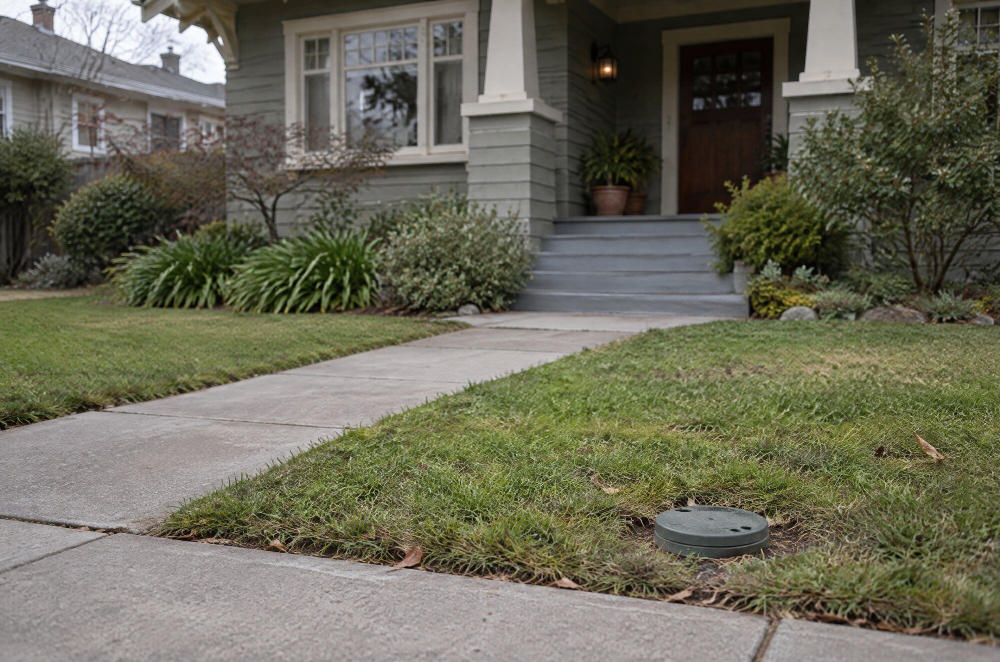 The front yard of an older bungalow with a sewer cleanout cover in the lawn. A generic illustrative image.