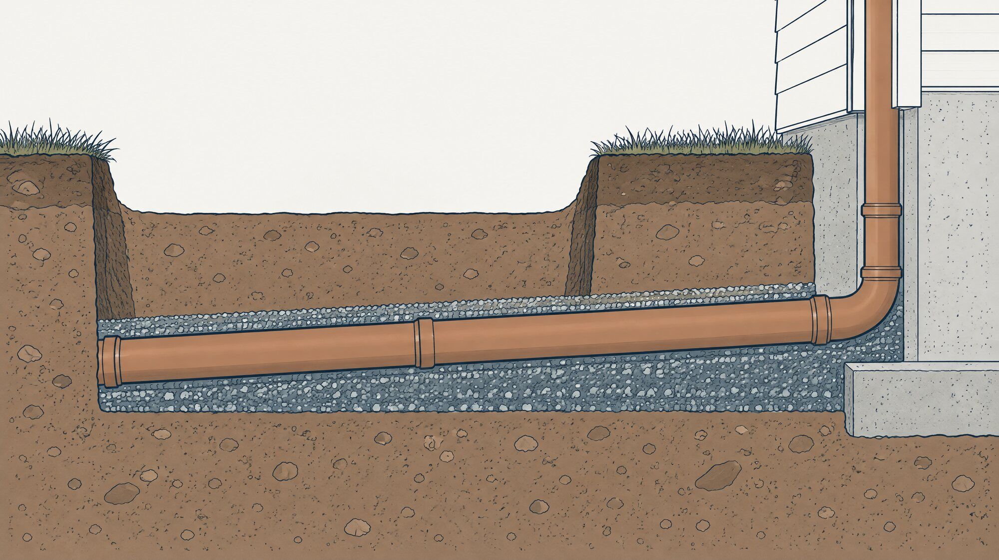 Illustration of an open-trench lateral replacement with a new pipe laid in a trench.