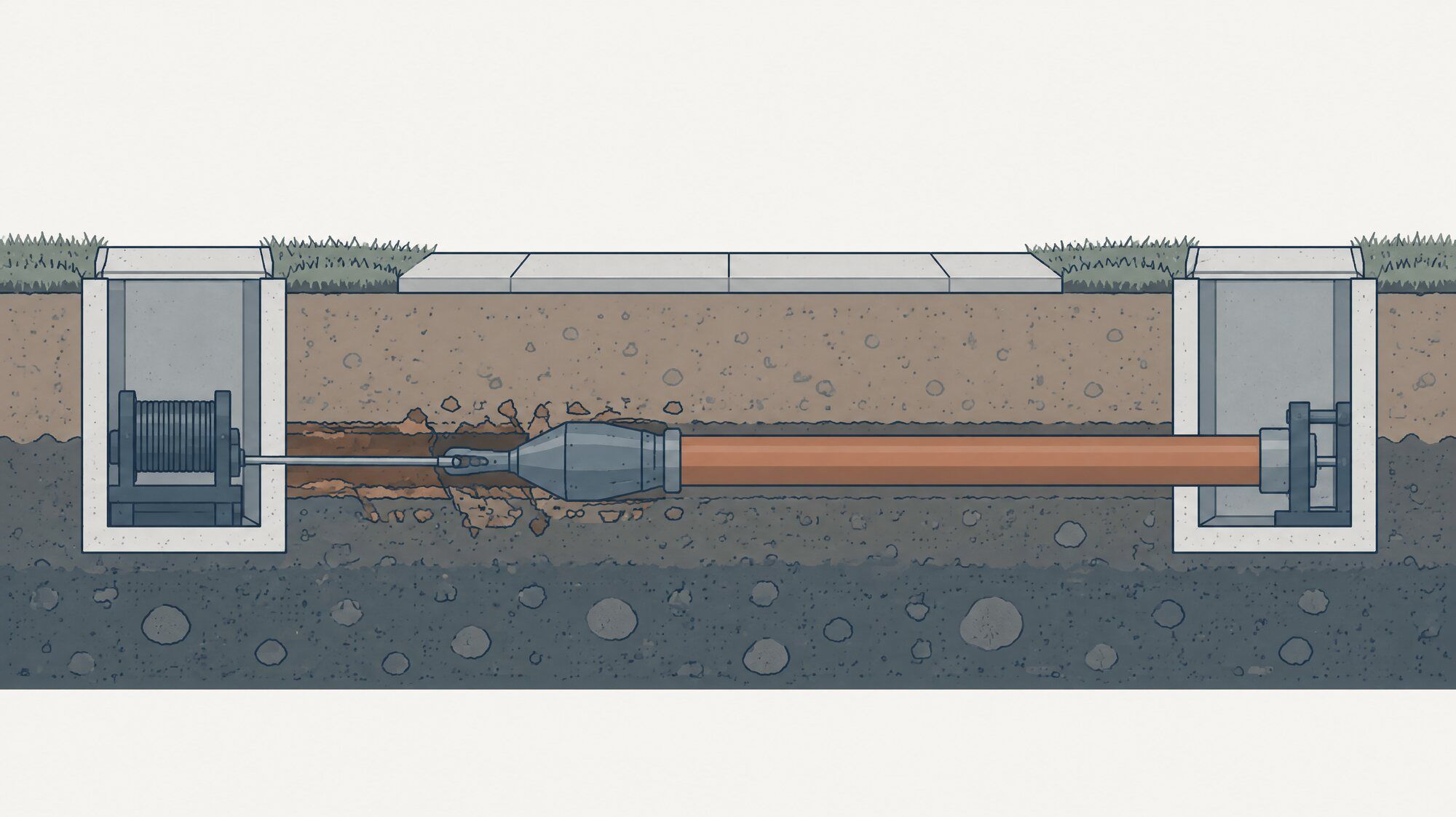 Illustration of a trenchless lateral replacement, with a new pipe pulled through the ground from two small access pits.